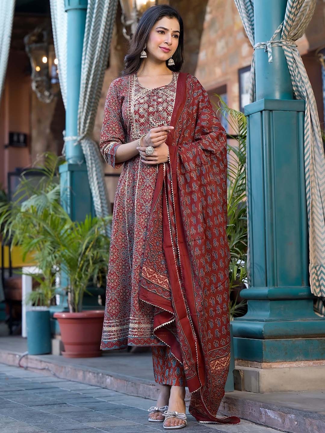 

KALINI Ethnic Printed Gotta Patti Anarkali Pure Cotton Kurta with Trousers & Dupatta, Maroon