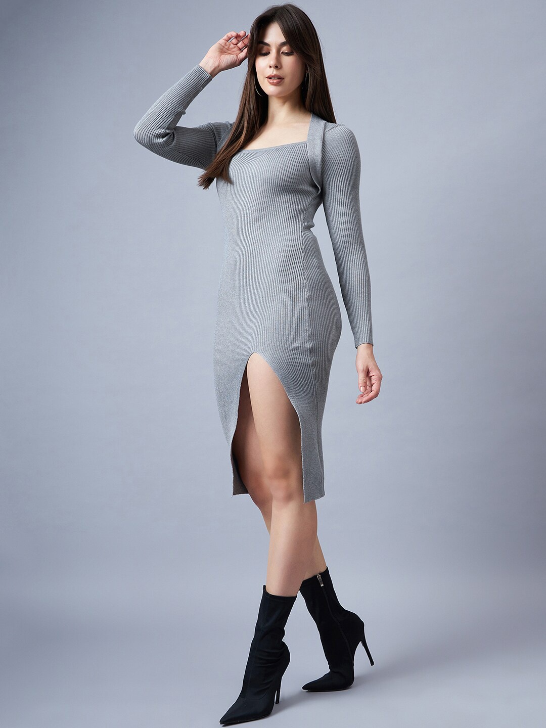

Chemistry Square Neck Woollen Bodycon Dress, Grey