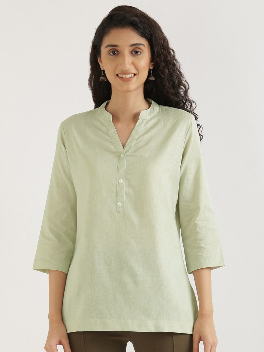 

SAADAA Mandarin Collar Cotton Linen Straight Kurti, Green