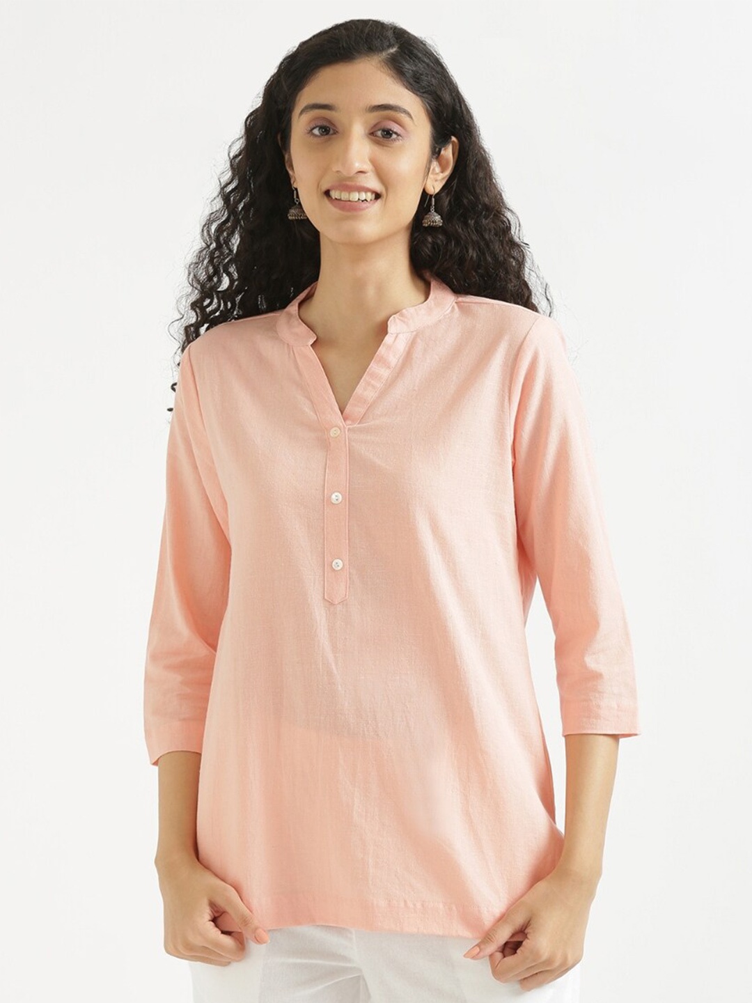 

SAADAA Mandarin Collar Cotton Linen Straight Kurti, Peach