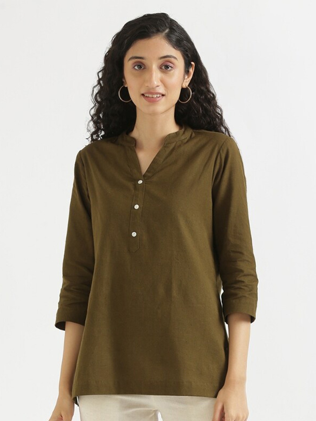 

SAADAA Mandarin Collar Cotton Linen Straight Kurti, Olive