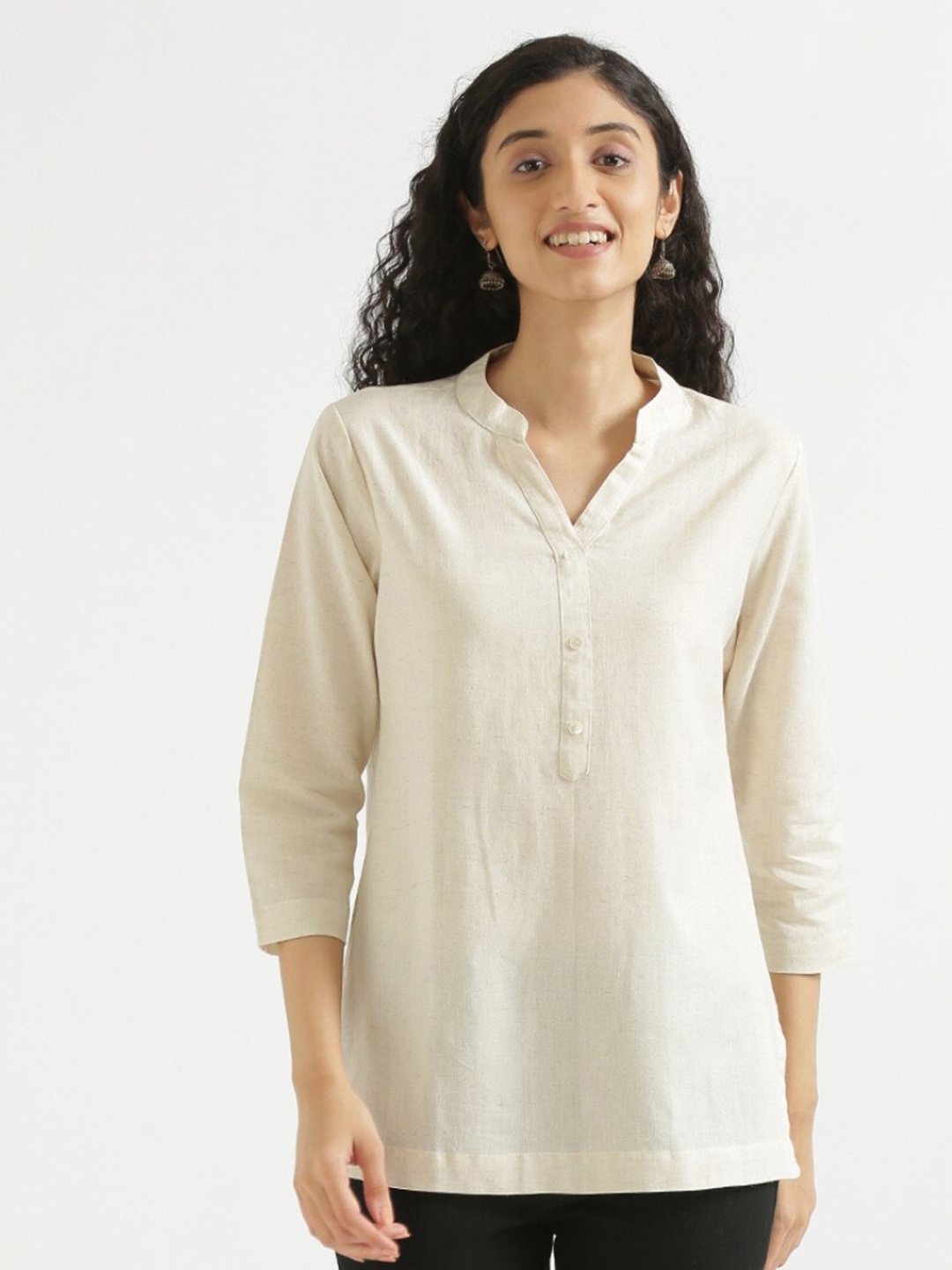 

SAADAA Mandarin Collar Cotton Linen Straight Kurti, Off white