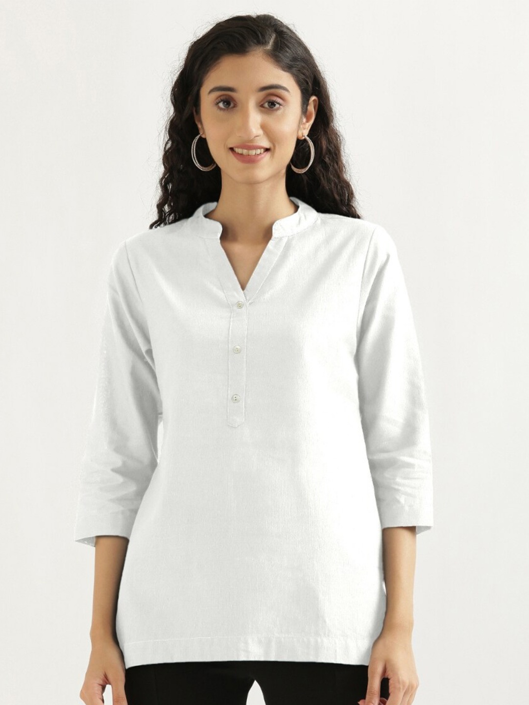 

SAADAA Mandarin Collar Cotton Linen Straight Kurti, White