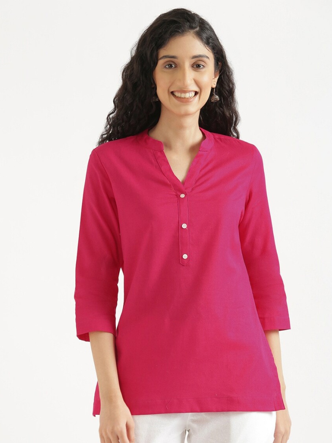 

SAADAA Mandarin Collar Cotton Linen Straight Kurti, Fuchsia