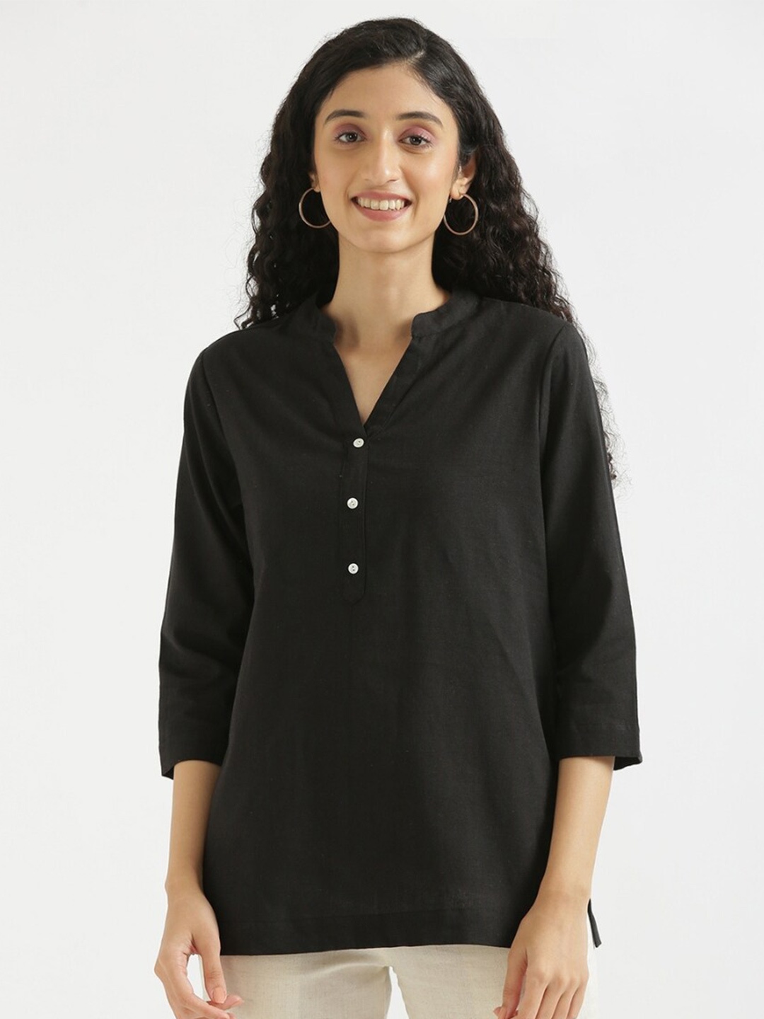 

SAADAA Mandarin Collar Cotton Linen Straight Kurti, Black