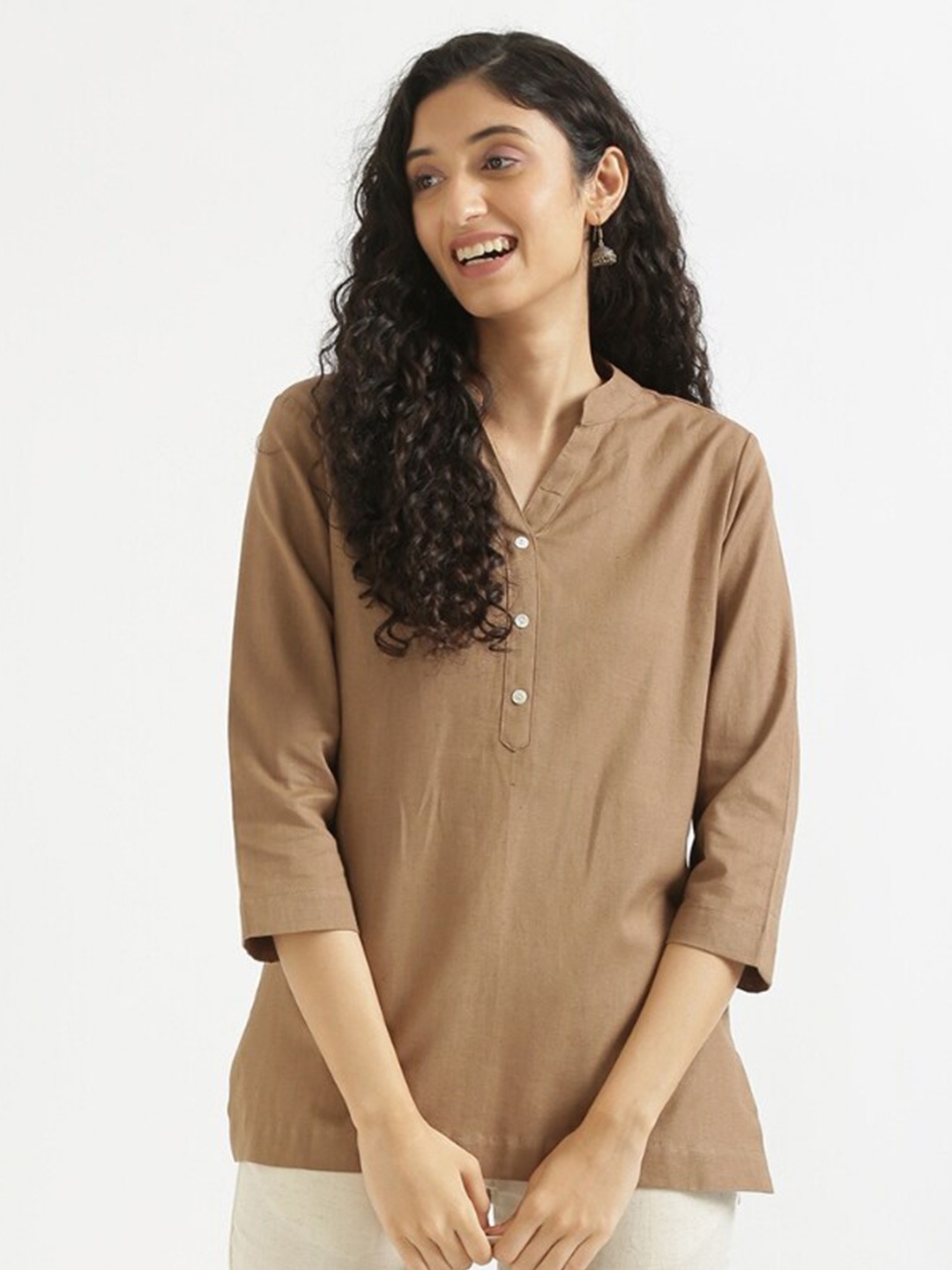 

SAADAA Mandarin Collar Linen Straight Kurti, Coffee brown