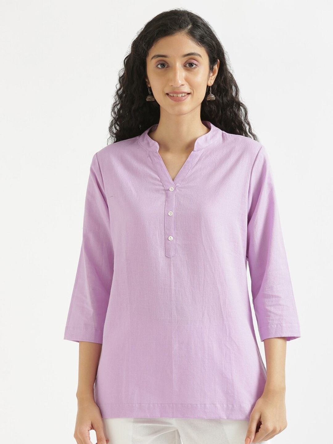 

SAADAA Mandarin Collar Cotton Linen Straight Kurti, Lavender