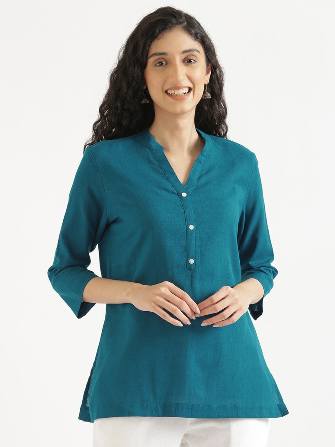 

SAADAA Mandarin Collar Cotton Linen Straight Kurti, Teal