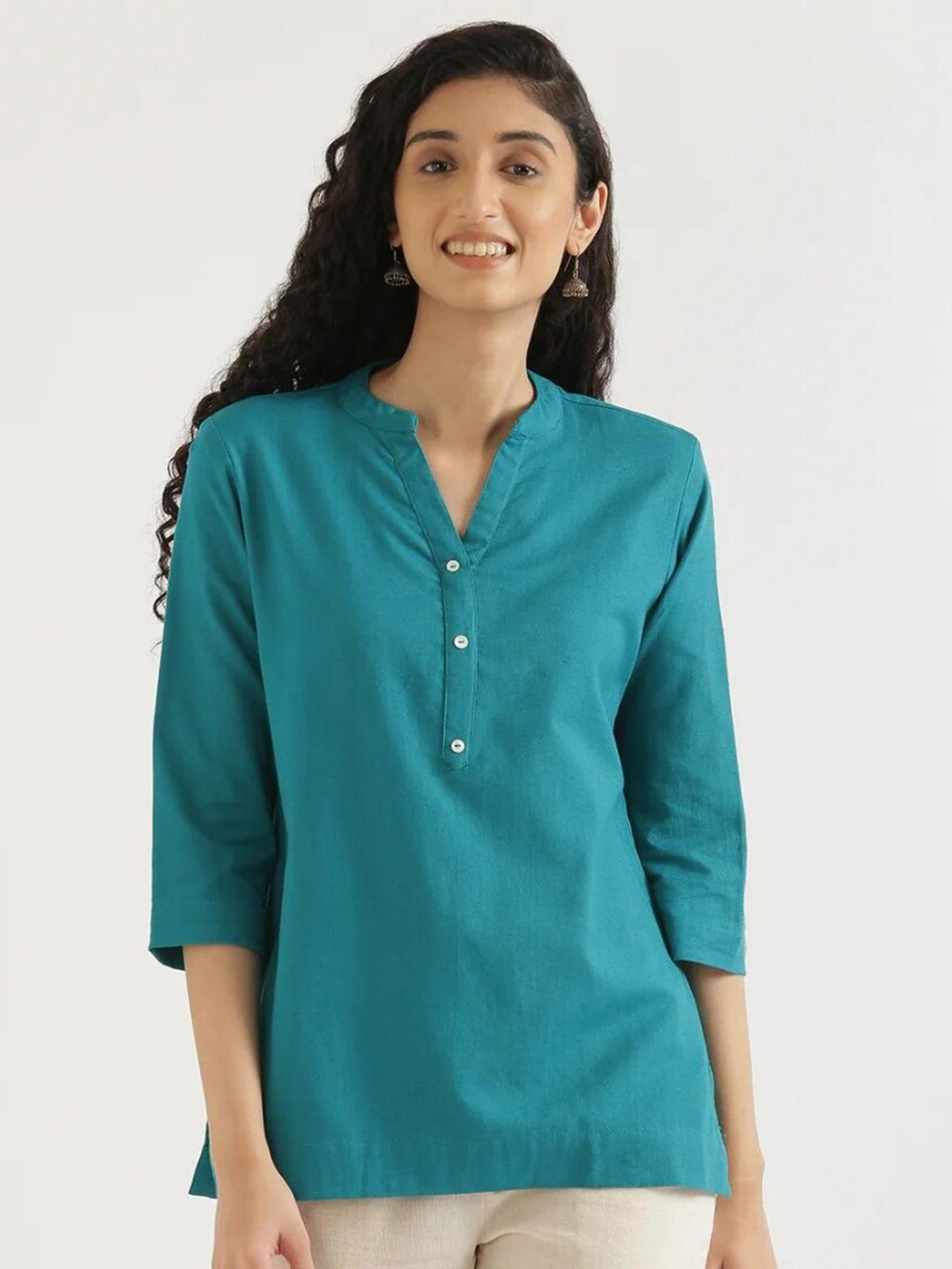 

SAADAA Mandarin Collar Cotton Linen Straight Kurti, Teal