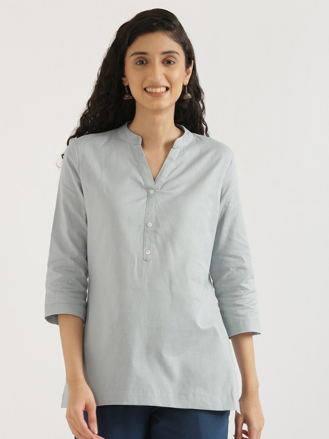 

SAADAA Mandarin Collar Cotton Linen Straight Kurti, Grey