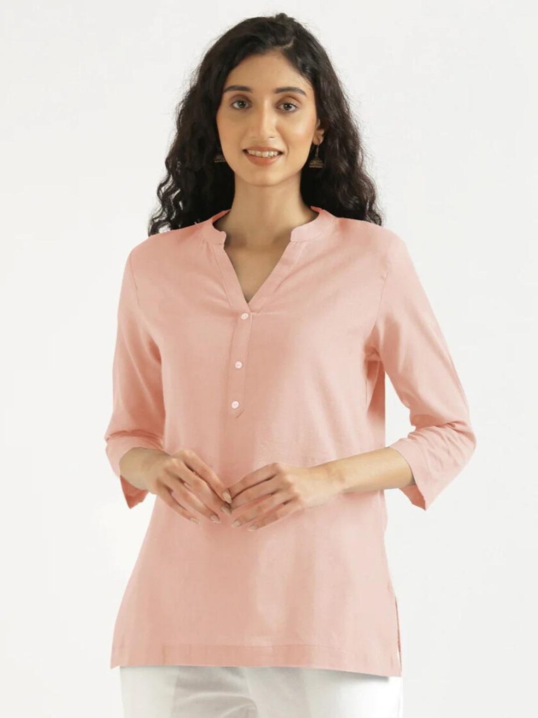 

SAADAA Mandarin Collar Cotton Linen Straight Kurti, Pink