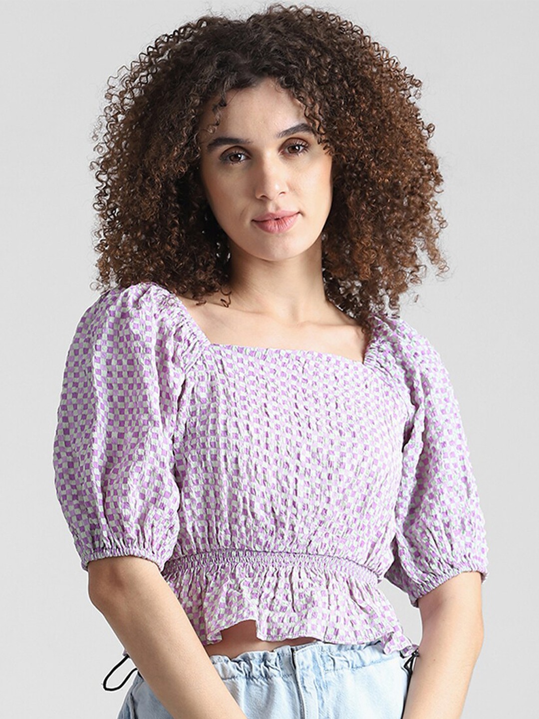

ONLY Checked Puff Sleeves Square Neck Peplum Crop Top, Lavender
