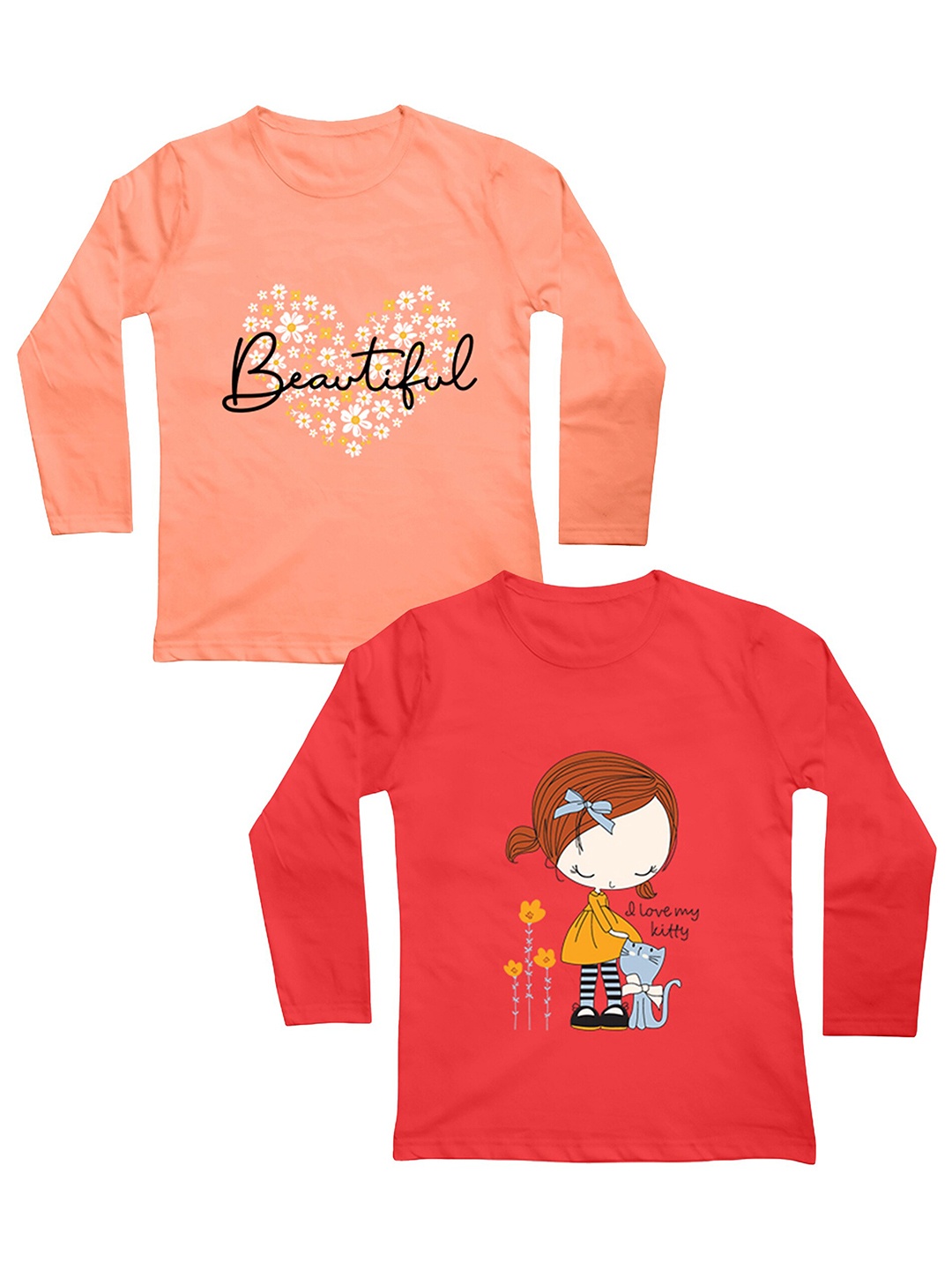 

Mojua Girls Peach-Coloured & Red Floral 2 Printed Bio Finish T-shirt