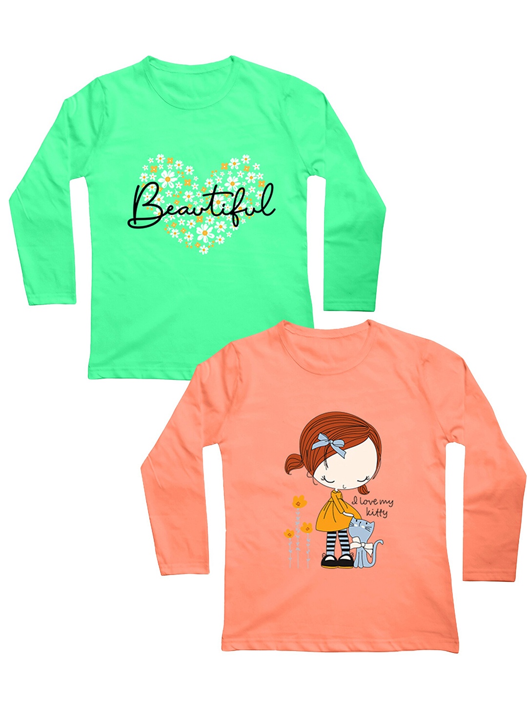 

Mojua Girls Pack Of 2 Floral Printed Bio Finish Long Sleeves Cotton T-shirt, Green