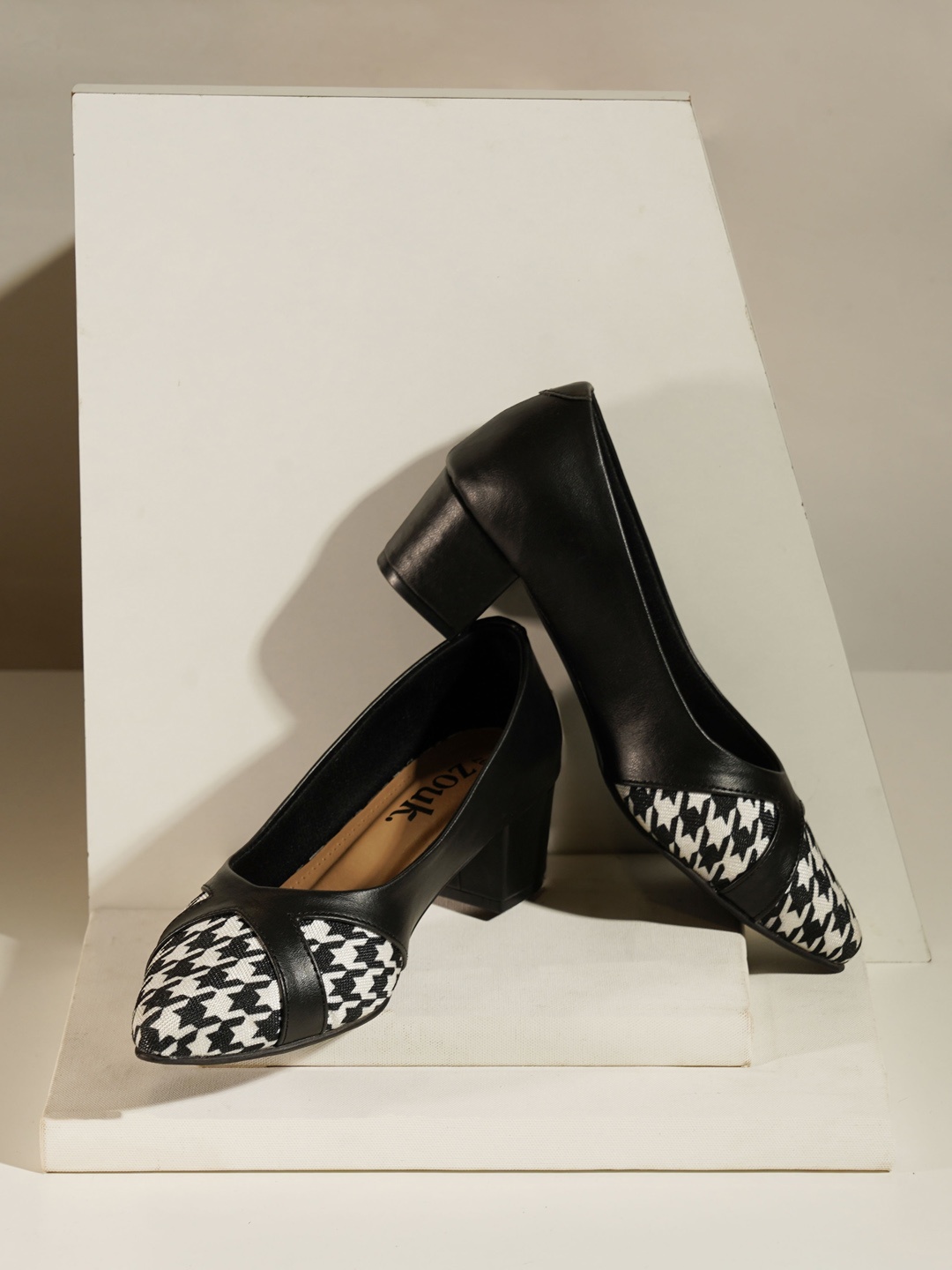 

ZOUK Houndstooth Printed Pointed Toe Vegan Leather Work Block Pumps, Black