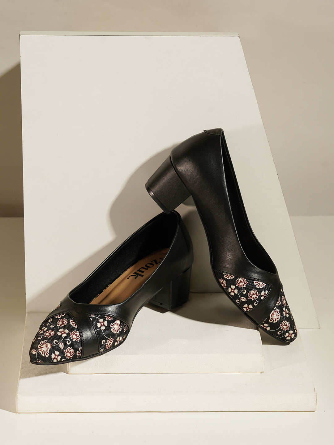 

ZOUK Printed Pointed Toe Vegan Leather Work Block Pumps, Black