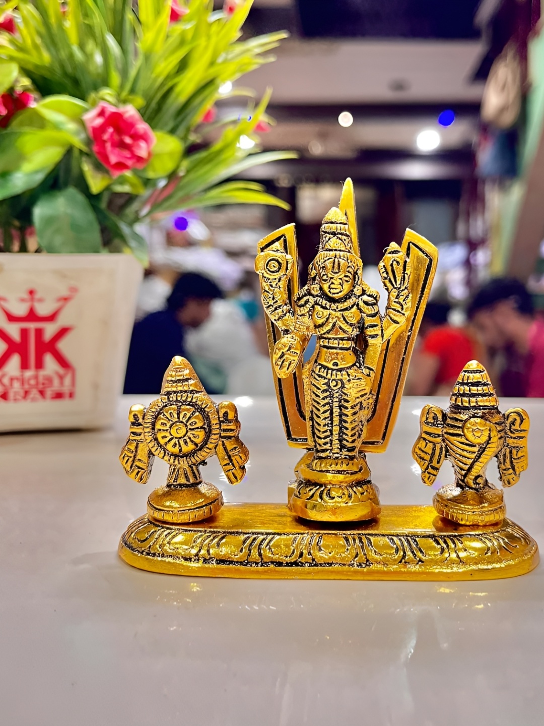 

Kridaykraft Gold-Toned Balaji Venkateswara Swami with Shank chakar Tilak Namah Showpiece