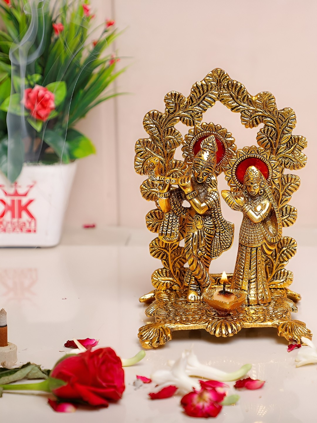 

Kridaykraft Gold-Toned & Red Radha Krishna Statue Metal Showpiece