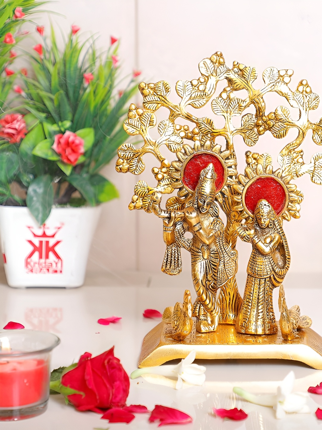 

Kridaykraft Gold-Toned & Red Radha Krishna Statue Metal Showpiece