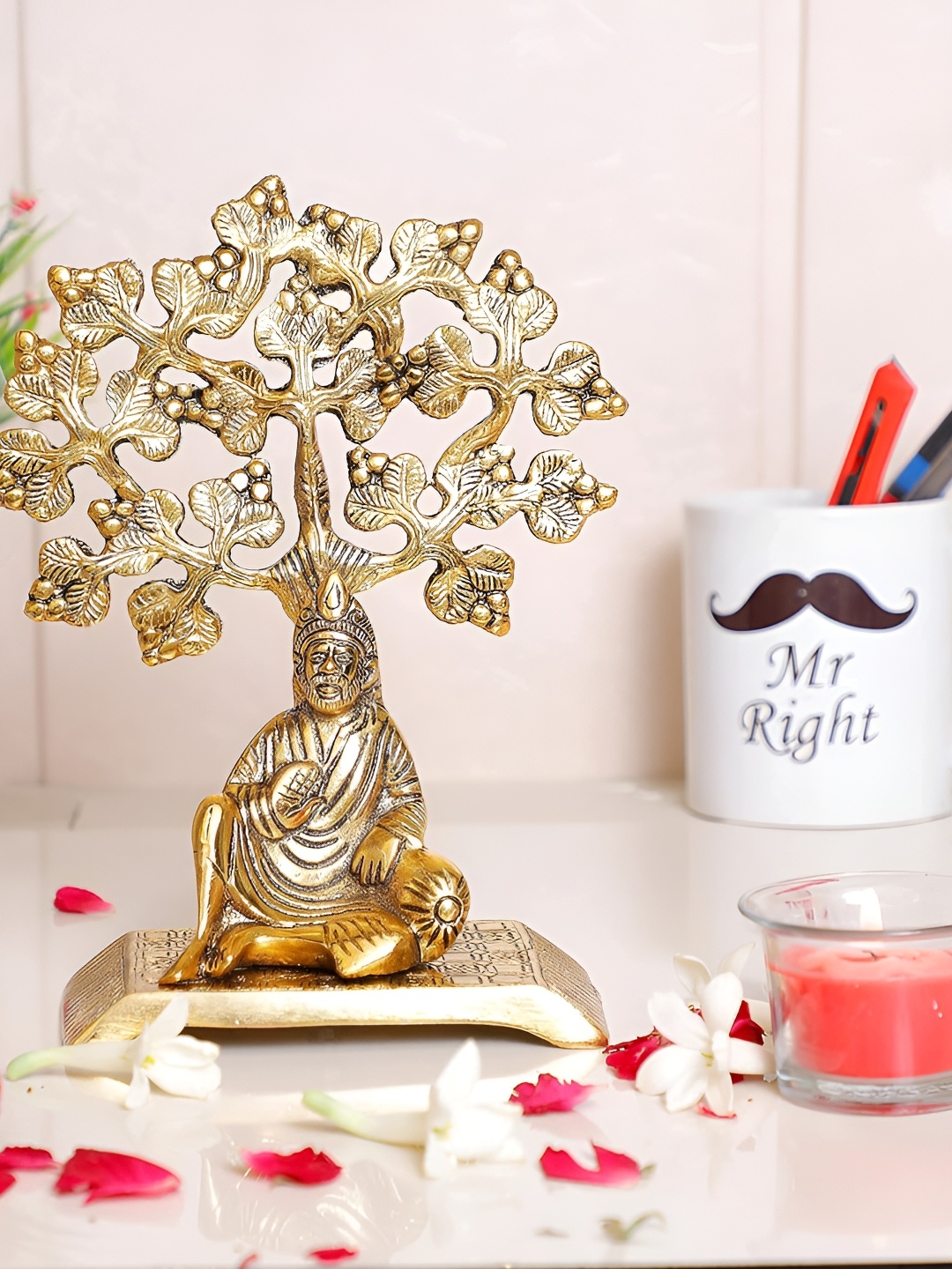 

Kridaykraft Gold-Toned Metal Sirdi Saibaba Statue Under Tree Showpiece