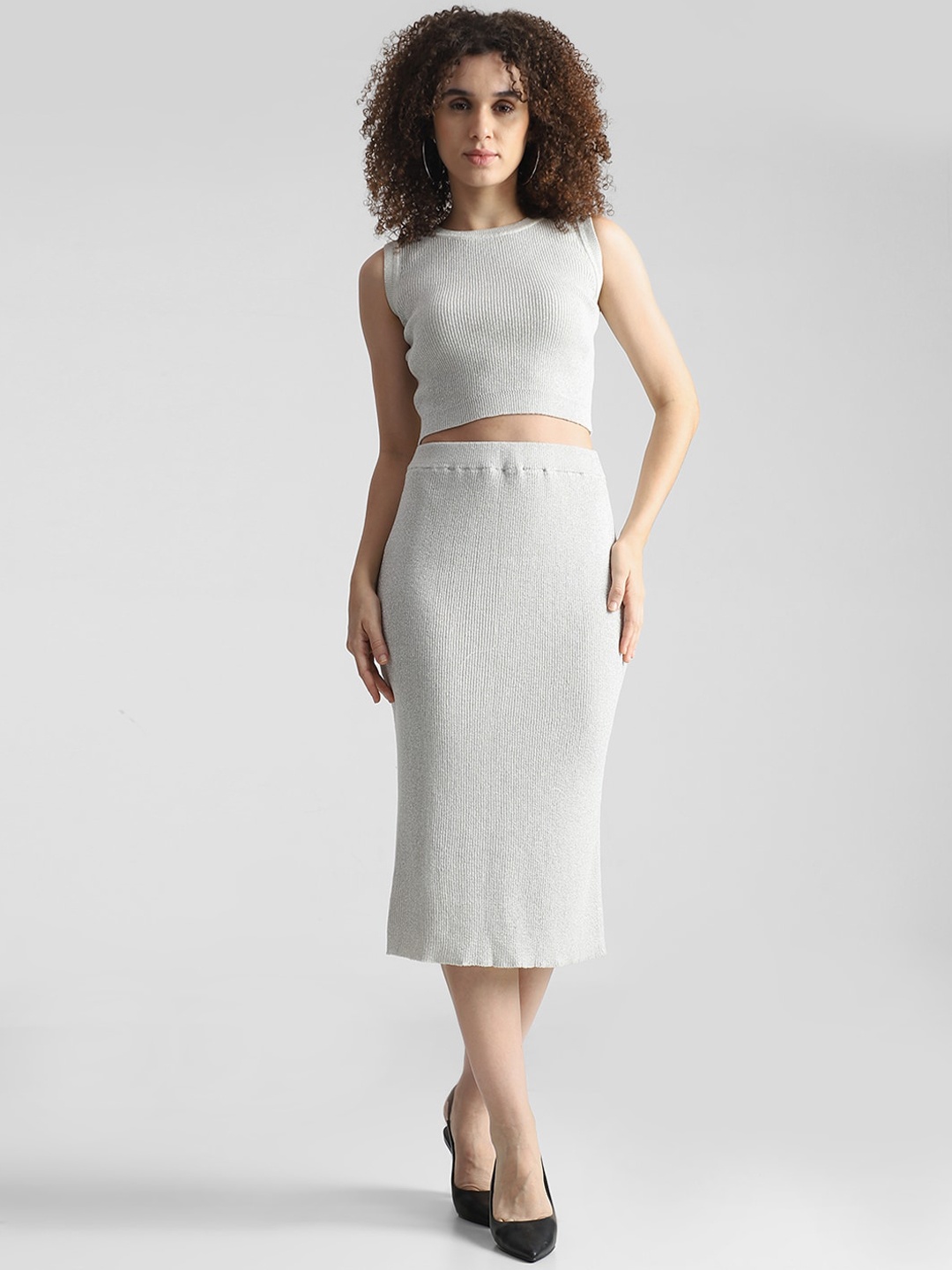 

ONLY Striped Midi Straight Skirt, White