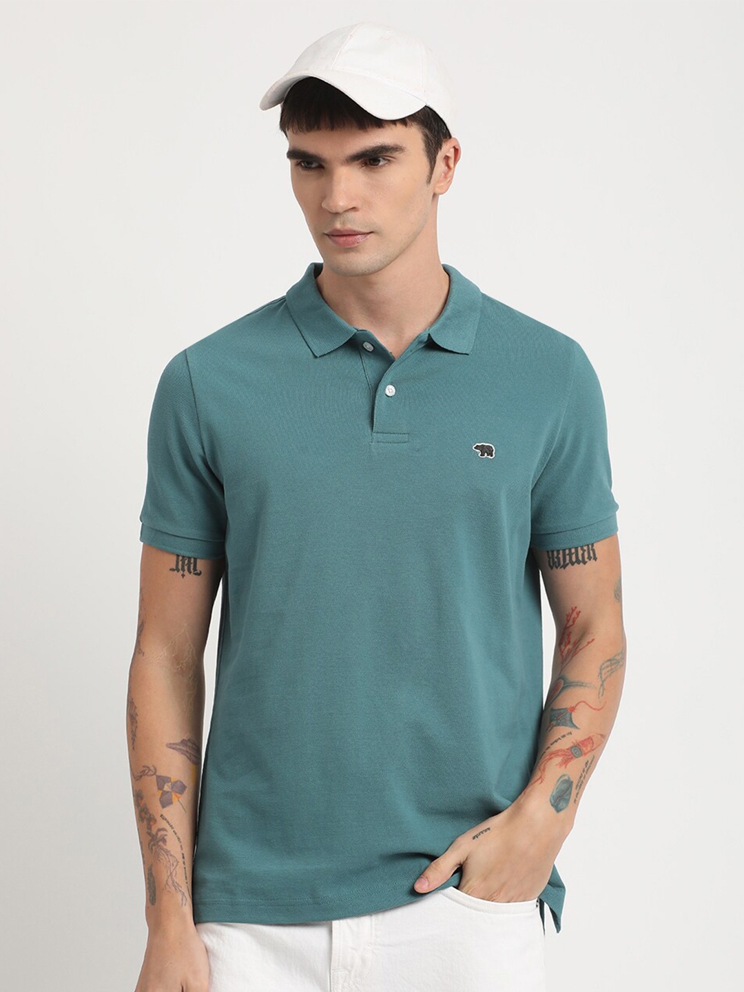 

THE BEAR HOUSE Polo Collar Pure Cotton Slim Fit T-shirt, Teal