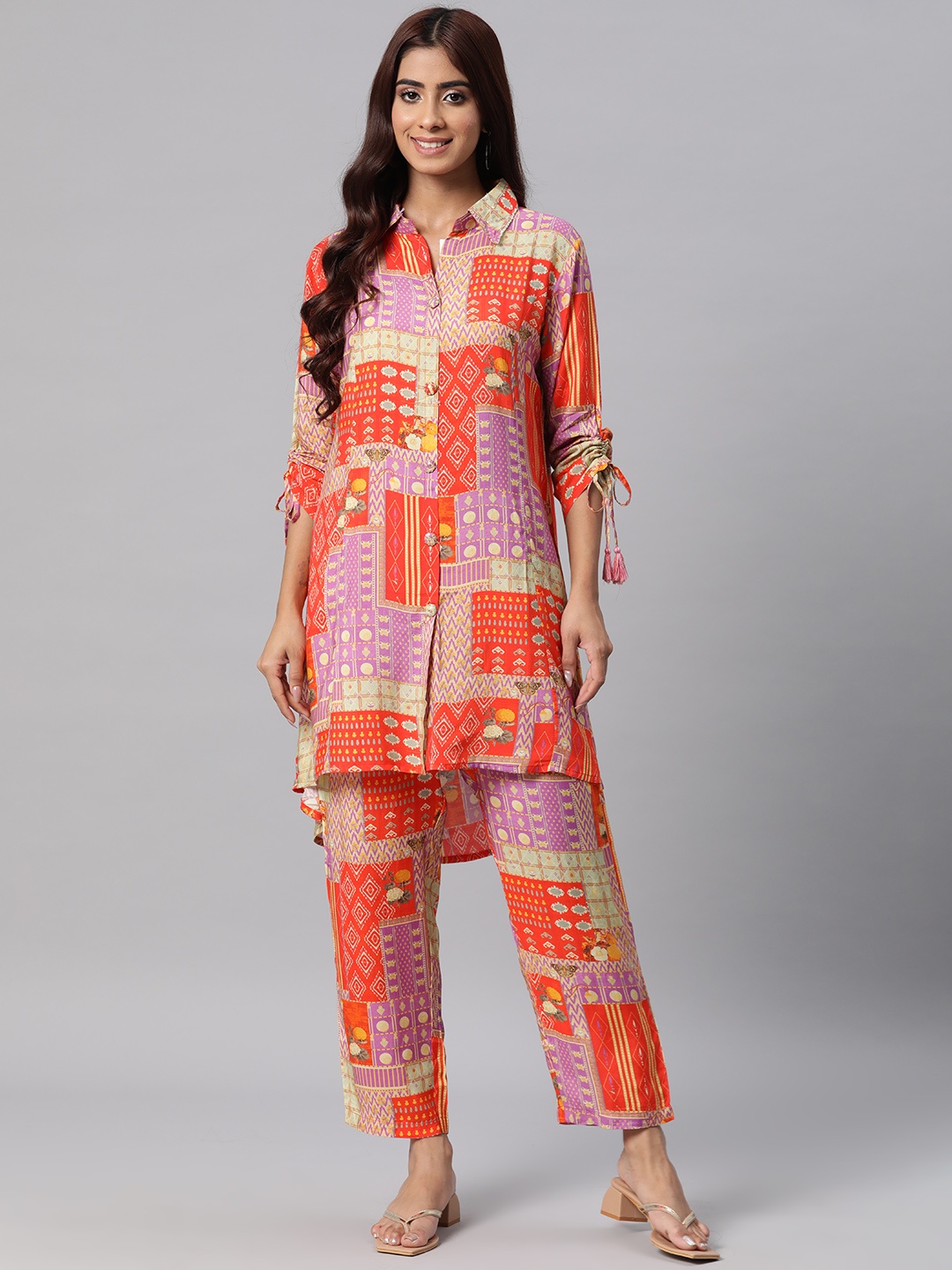 Readiprint Women Printed Pure Silk Tunic with Palazzos, Orange