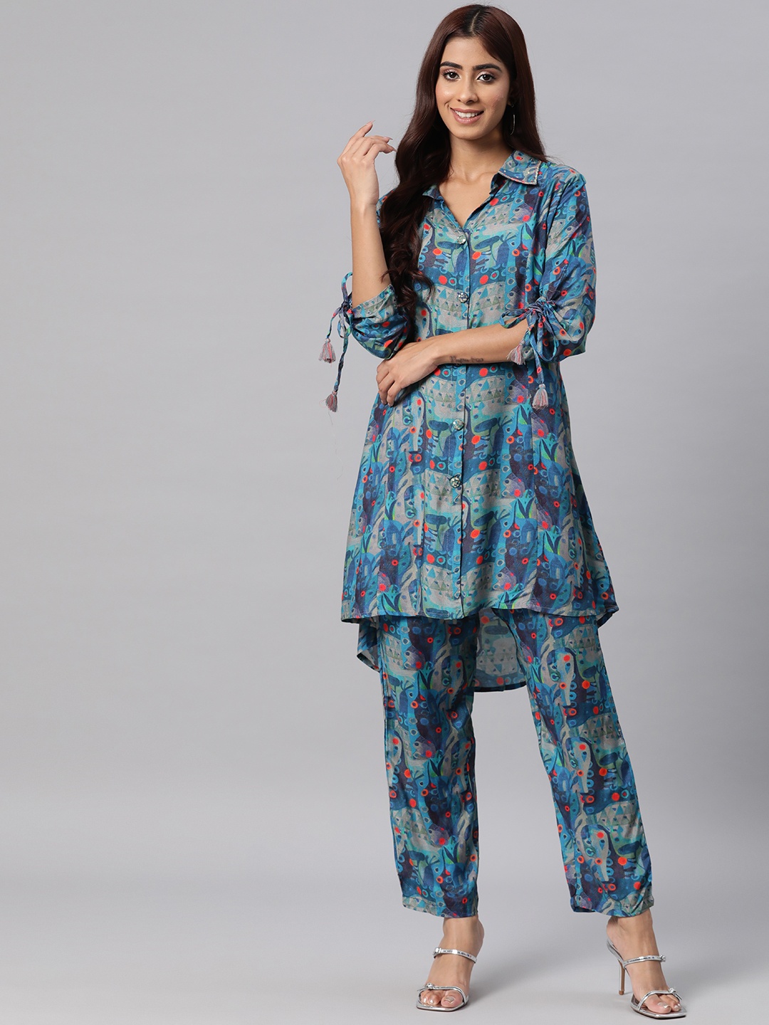 Readiprint Women Printed Pure Silk Tunic with Palazzos, Blue