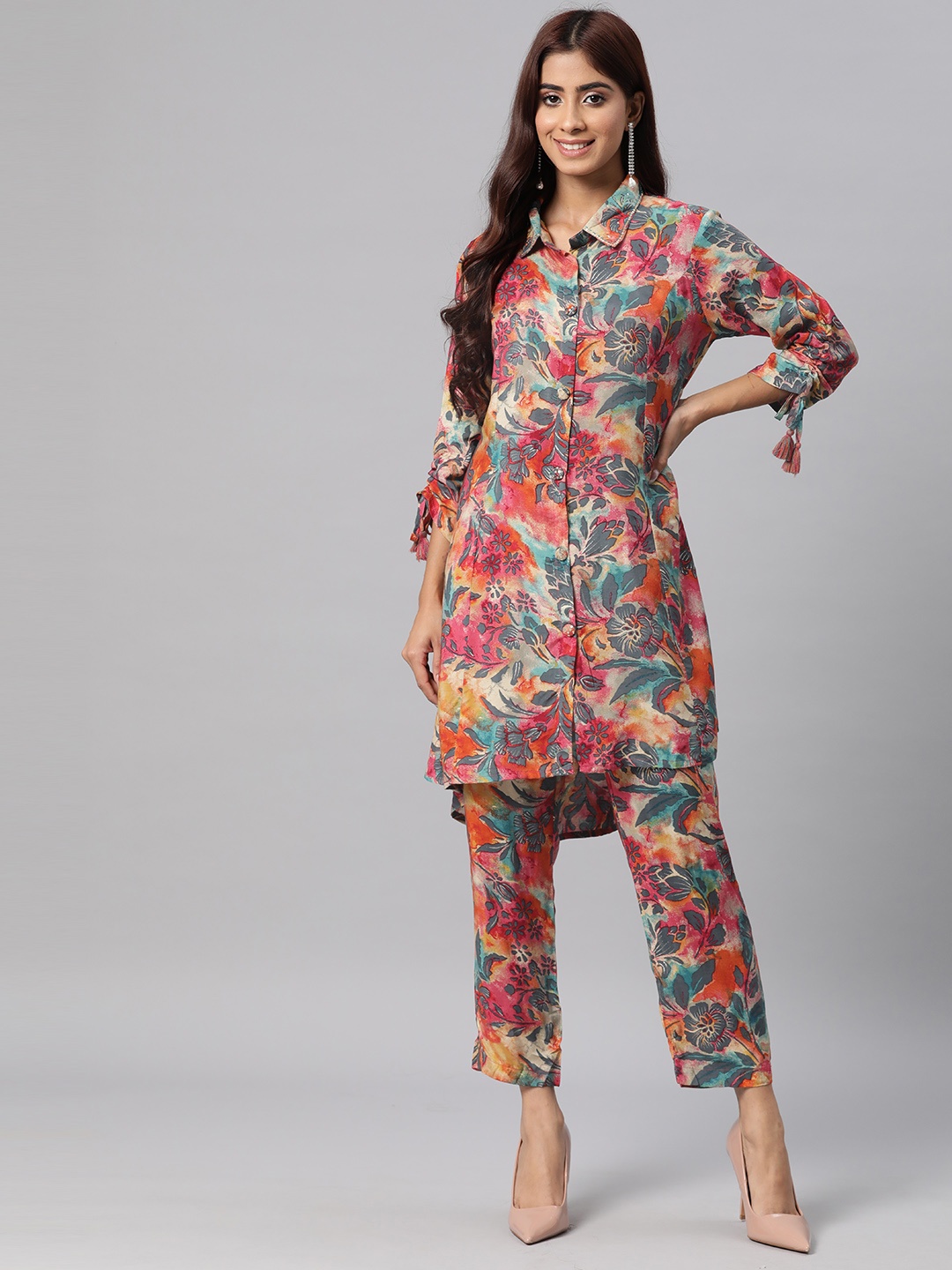 Readiprint Fashions Women Floral Printed Pure Silk Tunic with Trousers, Multi