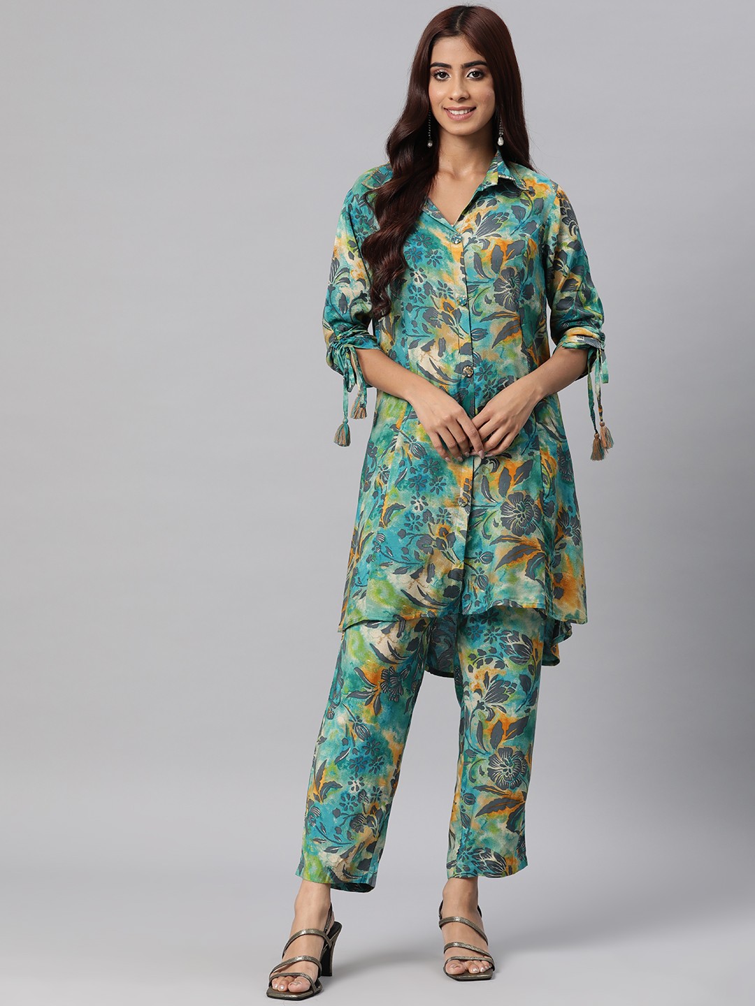 

Readiprint Fashions Women Floral Printed Pure Silk Tunic with Trousers, Teal