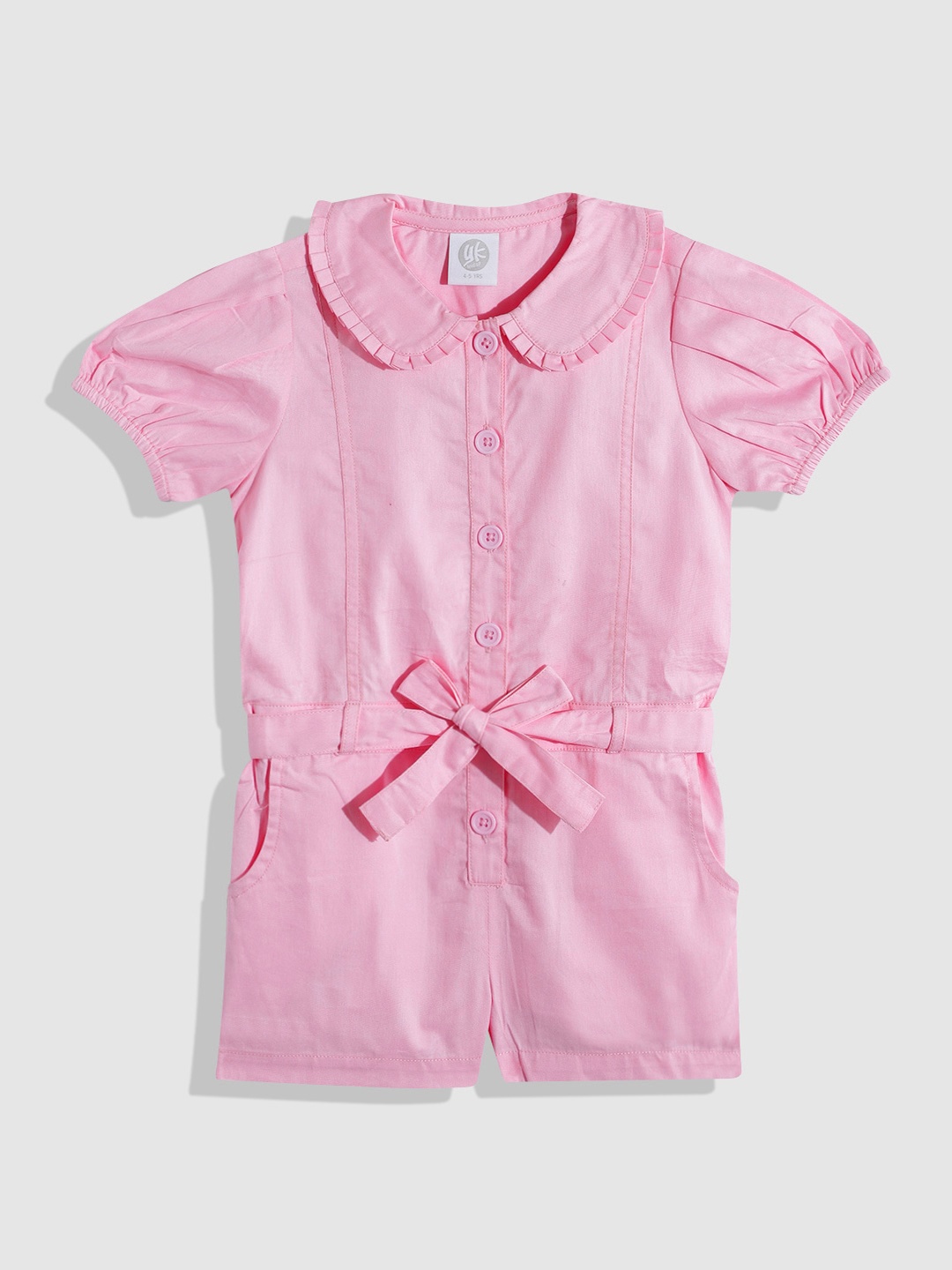 

YK Girls Puff Sleeves Peter Pan Collar Pure Cotton Playsuit with Belt, Pink