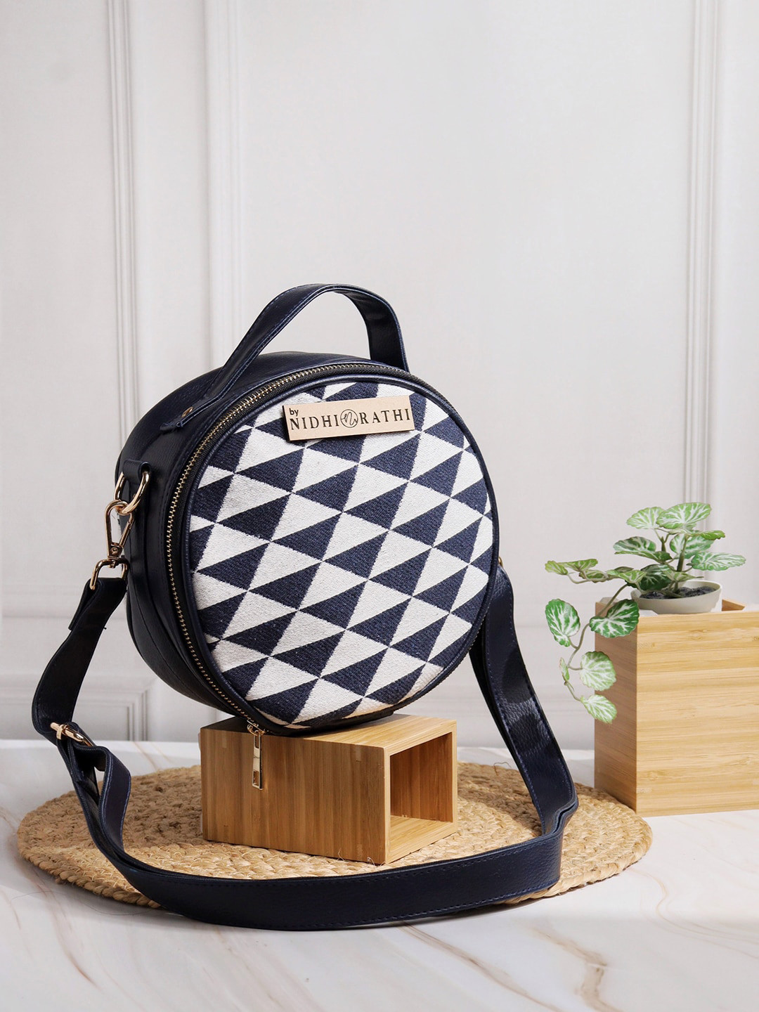 

NR By Nidhi Rathi Geometric Printed Mini Round Sling Bag, Black