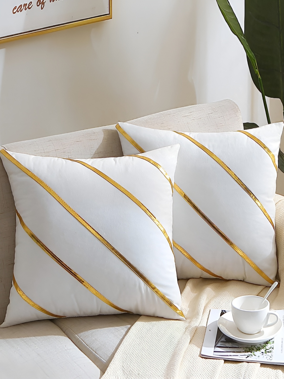 

Vinayaka Fab White 2 Pieces Striped Velvet Square Cushion Covers