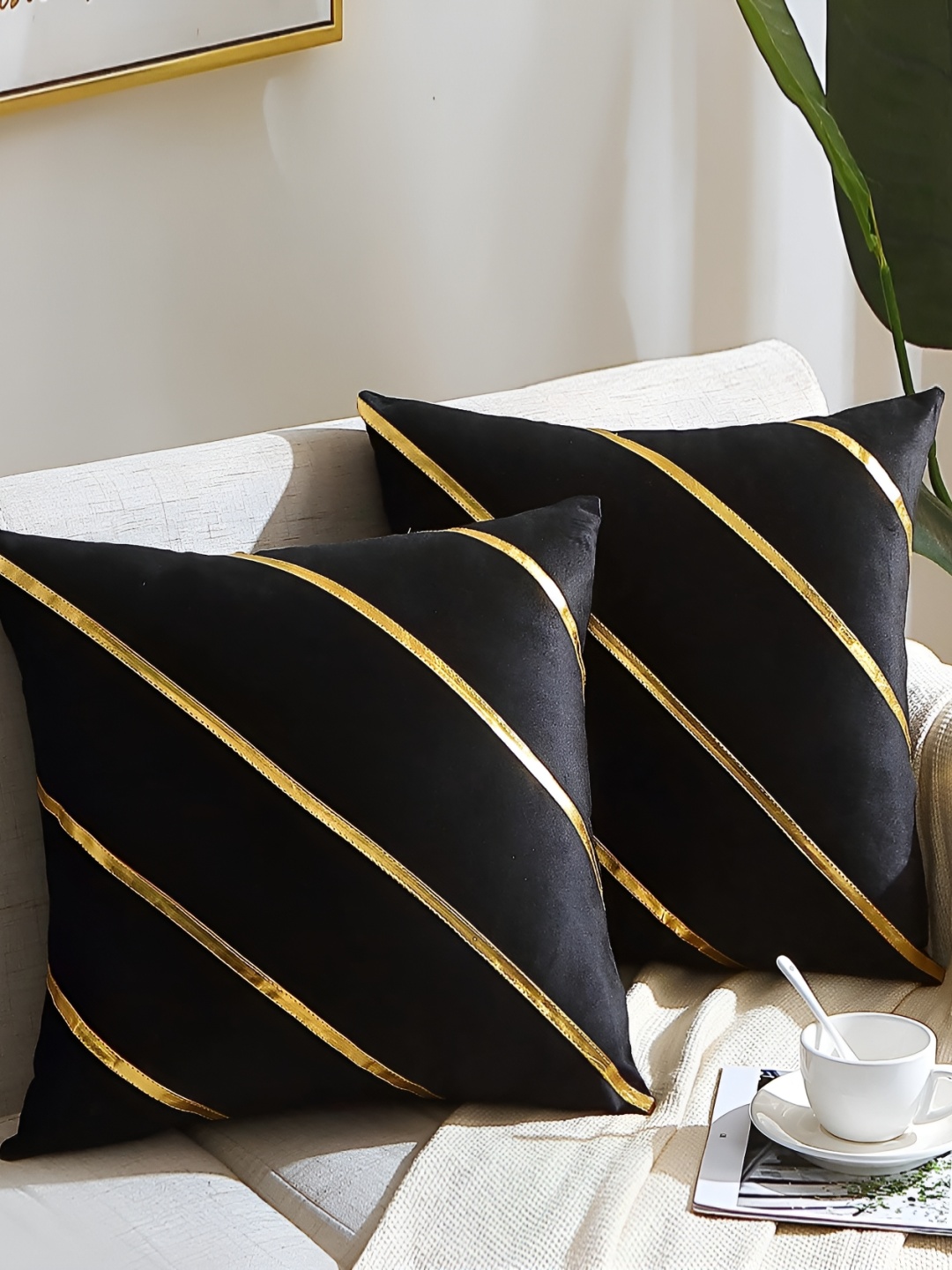 

Vinayaka Fab Black 2 Pieces Striped Velvet Square Cushion Covers