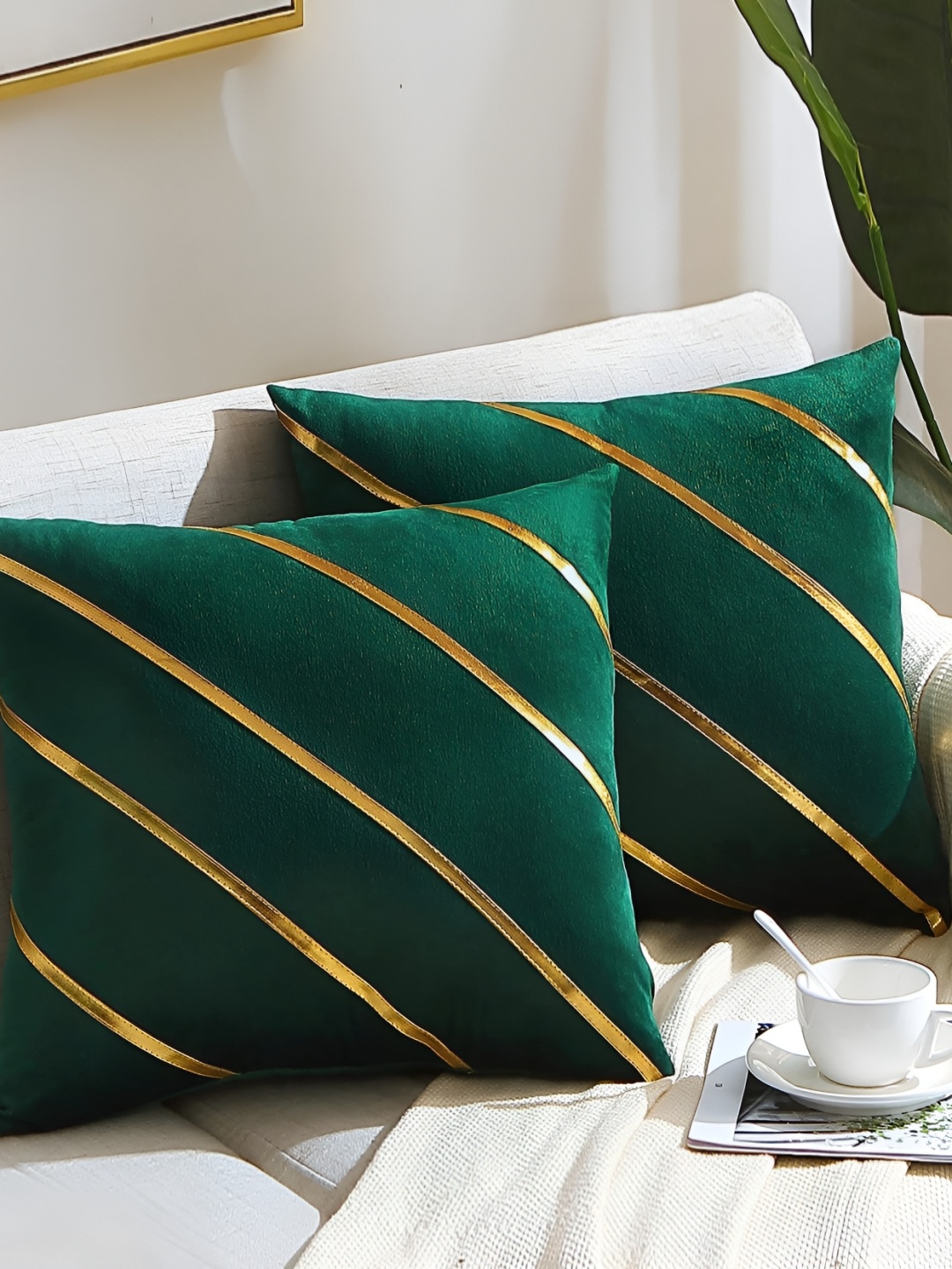 

Vinayaka Fab Green 2 Pieces Striped Velvet Square Cushion Covers