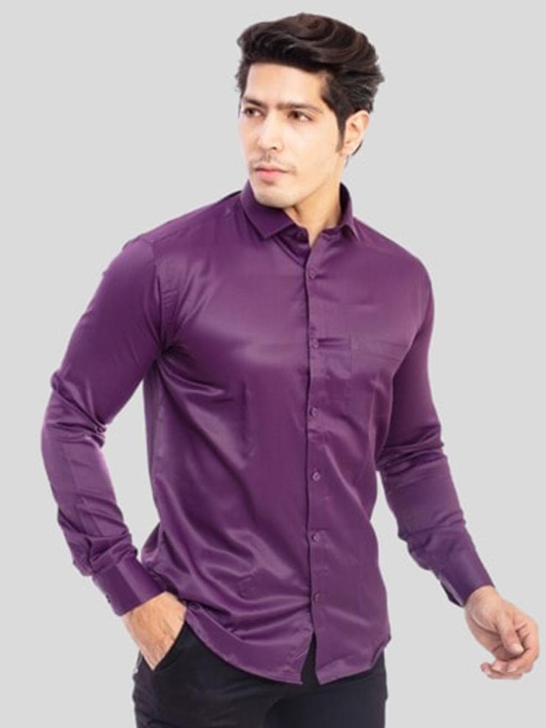 

INDIAN THREADS Spread Collar Slim Fit Cotton Formal Shirt, Purple