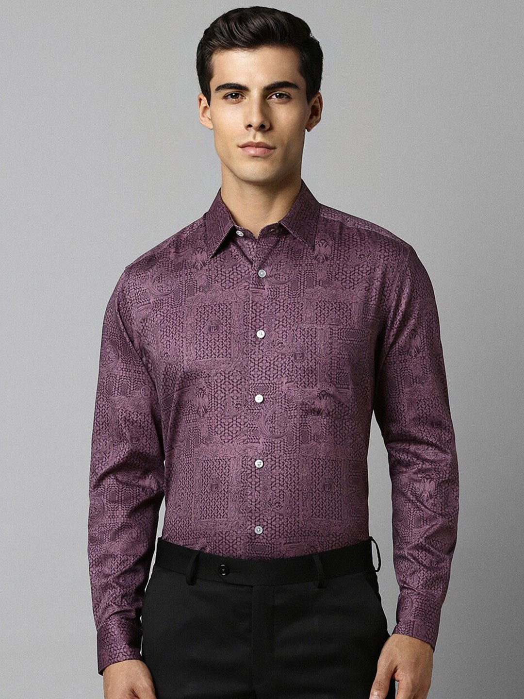 

Louis Philippe Ethnic Motifs Printed Spread Collar Pure Cotton Formal Shirt, Purple
