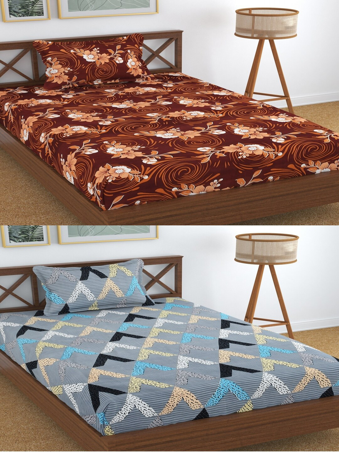

Aura Blue & Grey Floral & Geometric 180 TC 2 Single Bedsheets with 2 Pillow Covers, Brown