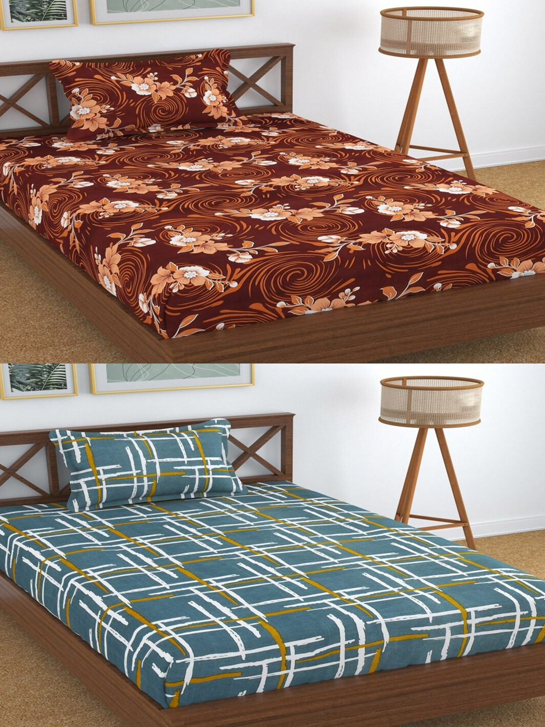 

Aura Brown & Green 2 Pieces 180 TC Floral Single Bedsheets with 2 Pillow Covers, Blue