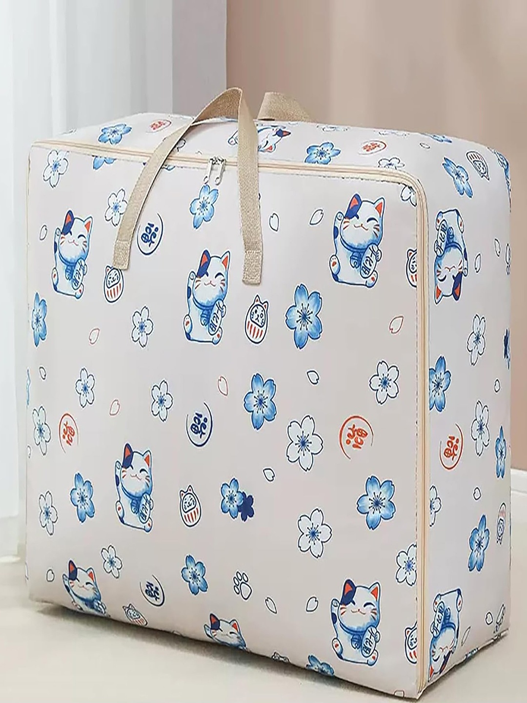 

HOUSE OF QUIRK Beige & Blue Printed High Density Oxford Fabric Handy Storage Bag