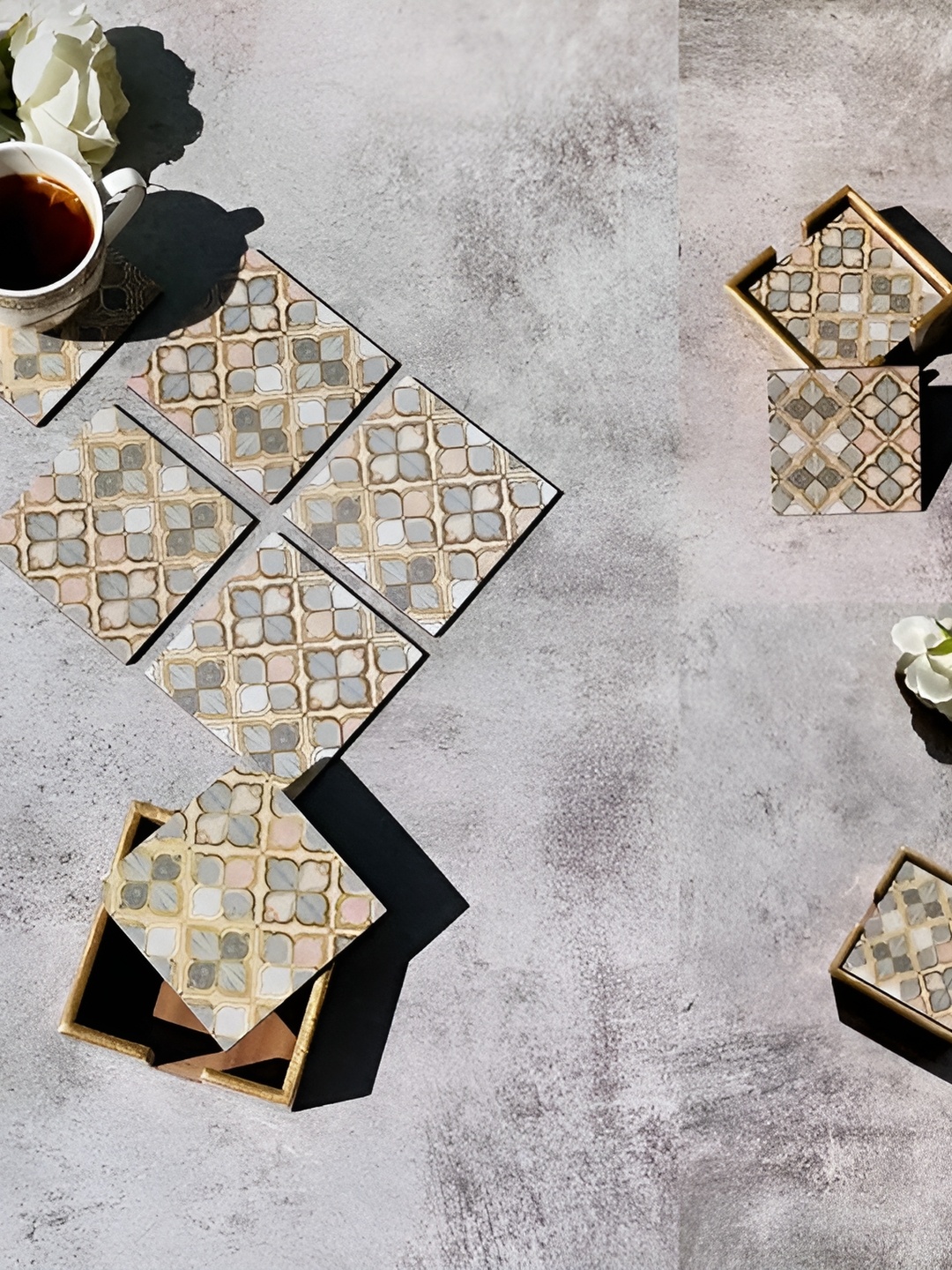

CasaGold 6-Pcs Grey& Beige Printed Square Shaped Coasters With Stand