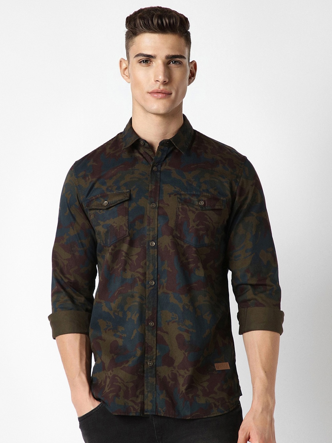 

Peter England Casuals Slim Fit Abstract Printed Pure Cotton Casual Shirt, Olive