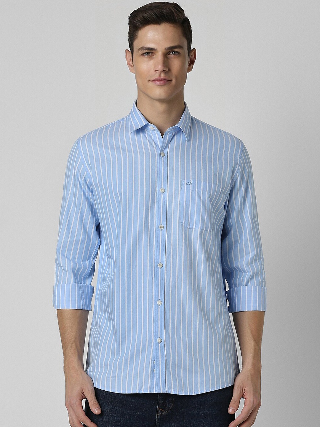 

Peter England Casuals Striped Slim Fit Cotton Casual Shirt, Blue