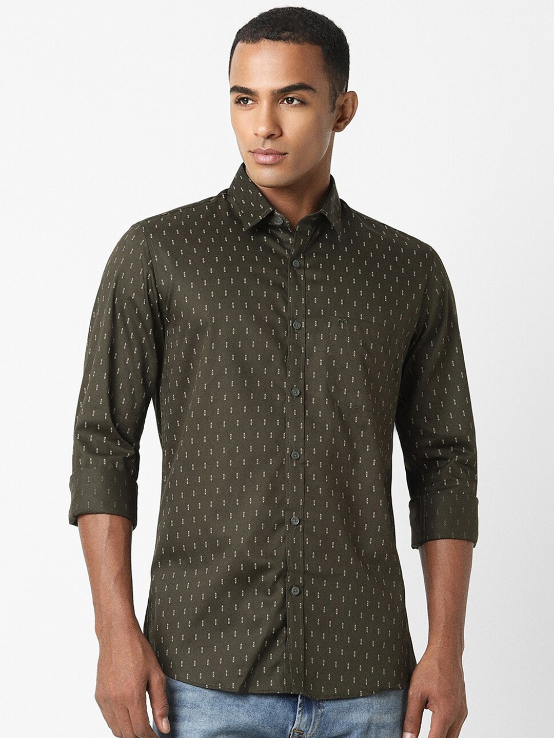

Peter England Casuals Slim Fit Micro Ditsy Printed Spread Collar Cotton Casual Shirt, Olive