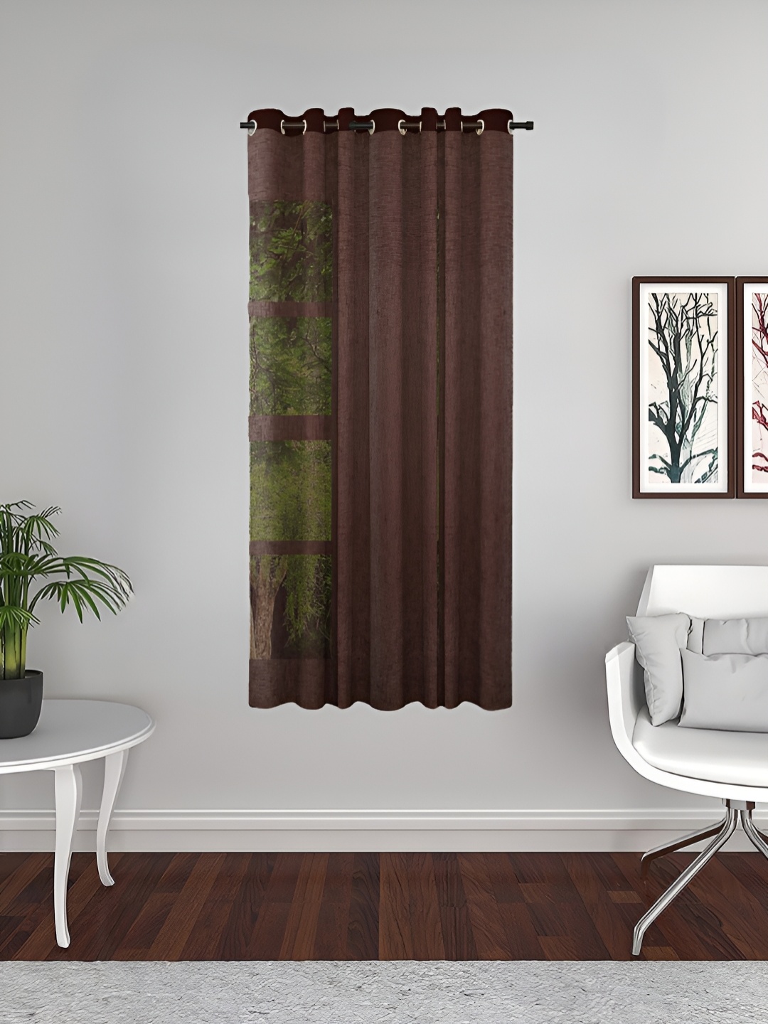 

THE CONVERSION Brown Linen With Slub Textured Sheer Window Curtain