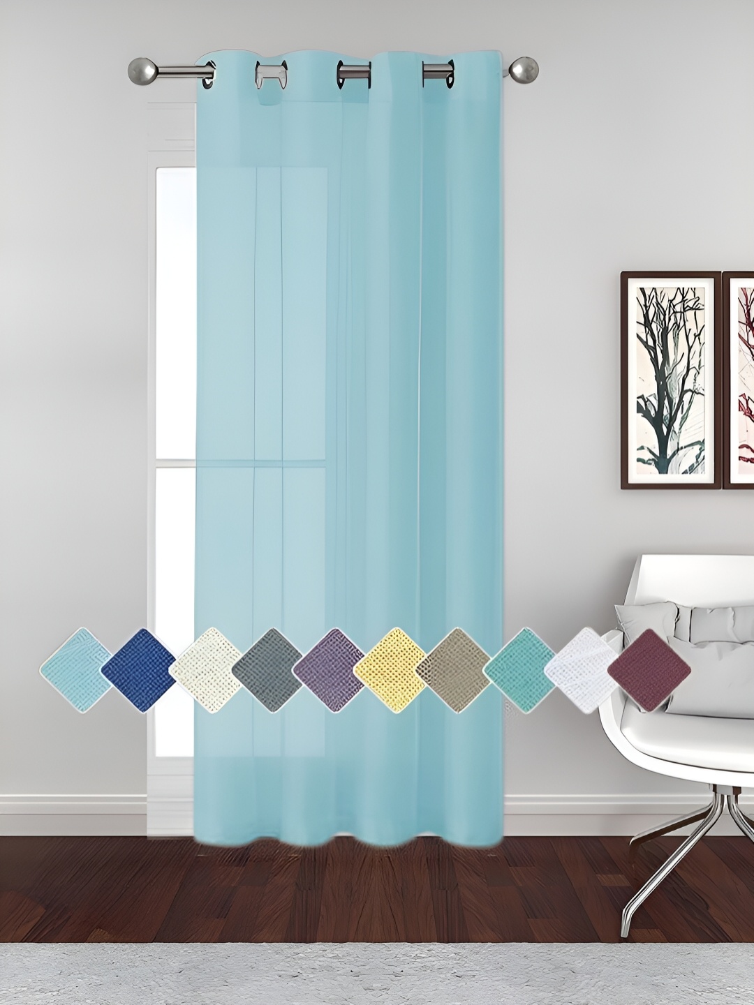 

THE CONVERSION Turquoise Blue Linen With Slub Textured Sheer Long Door Curtain