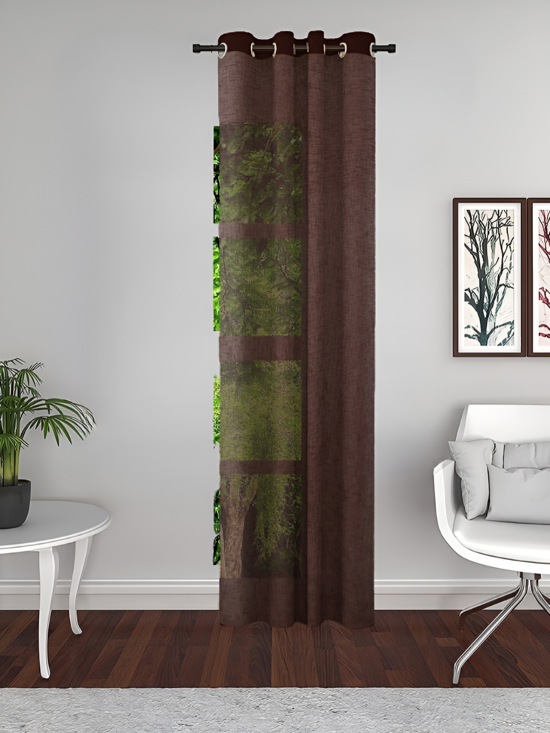 

THE CONVERSION Brown Linen With Slub Textured Sheer Long Door Curtain