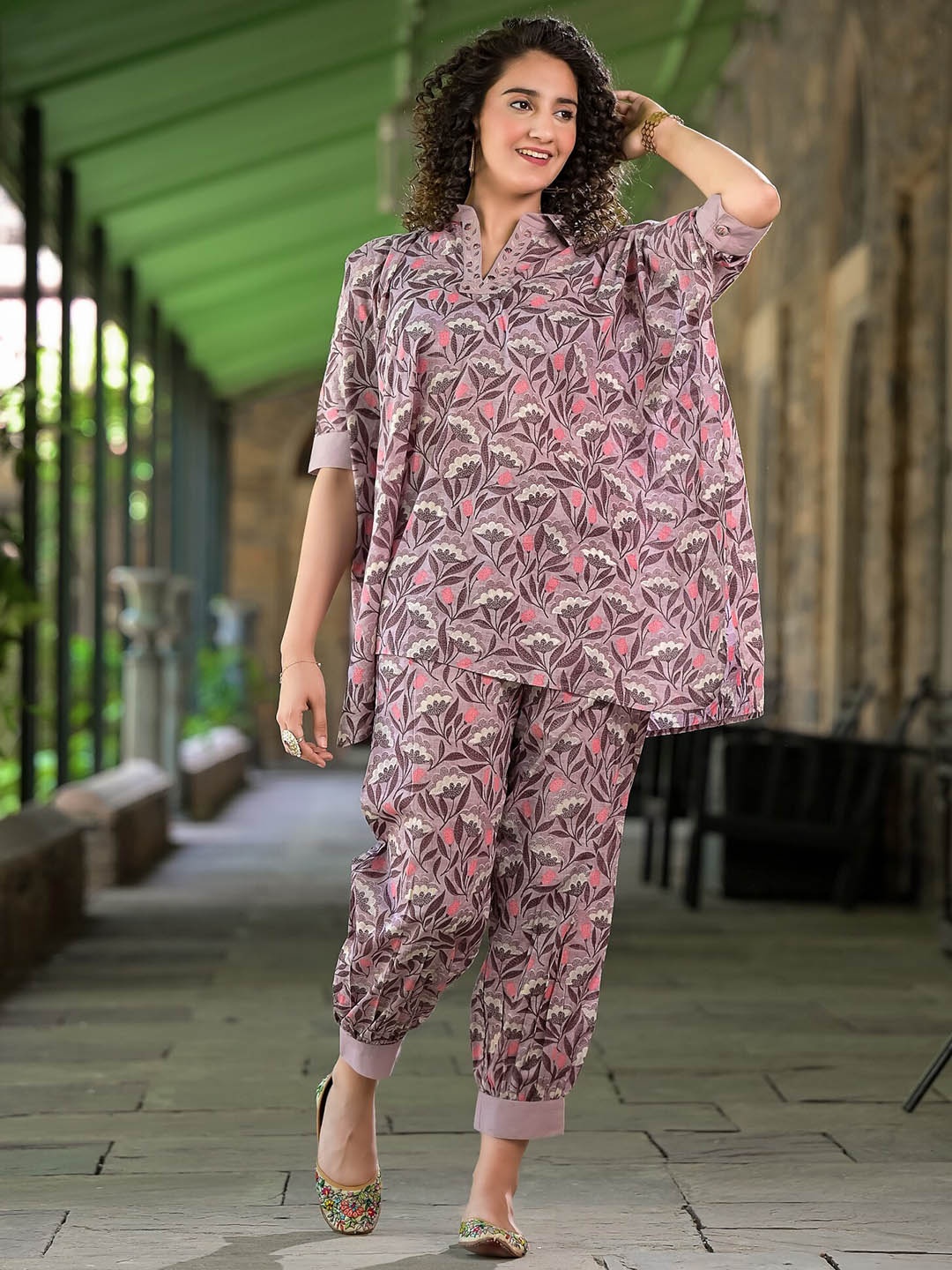 

The Kapas Floral Printed Mandarin Collar Top With Flared Trouser Co-Ords, Pink
