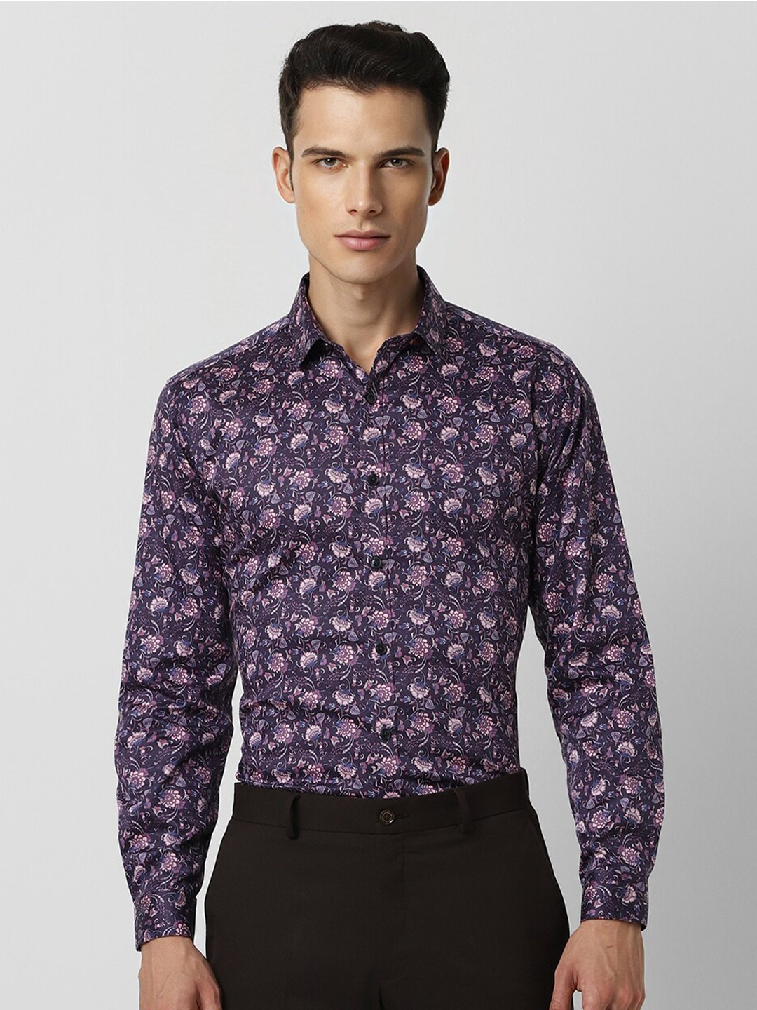 

V Dot Slim Fit Floral Printed Spread Collar Long Sleeves Casual Shirt, Purple