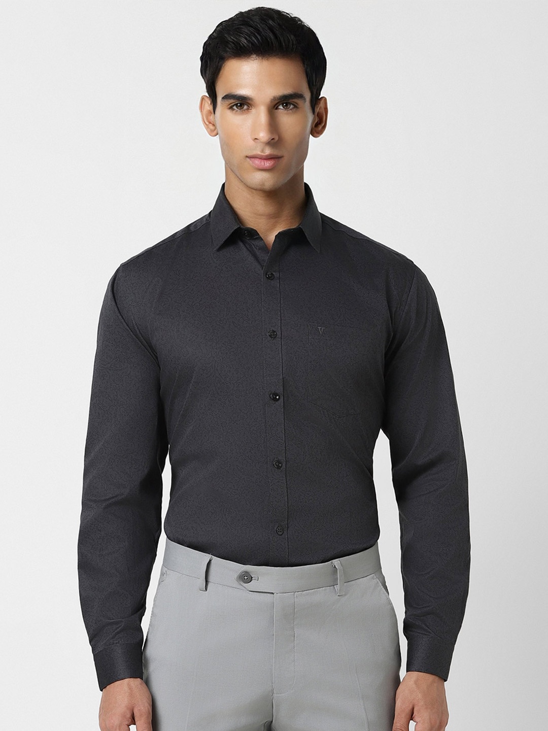 

V Dot Slim Fit Floral Printed Spread Collar Long Sleeves Cotton Casual Shirt, Black
